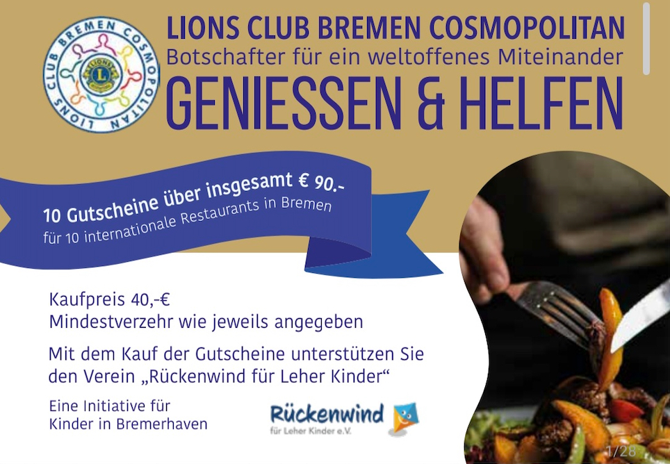 Gutschein-Mappe für Bremer Restaurants herausgegeben vom Lions Club Bremen Cosmopolitan